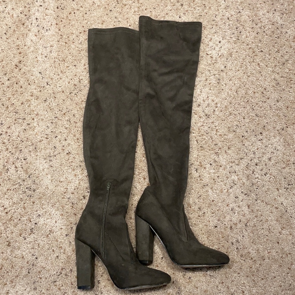 Army green suede high knee boots